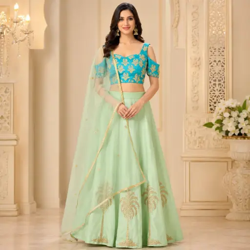 [16618001OP2957] Women's Mint Green Lehenga Choli with Turquoise Blouse & Net Dupatta for Wedding Festive Party Wear