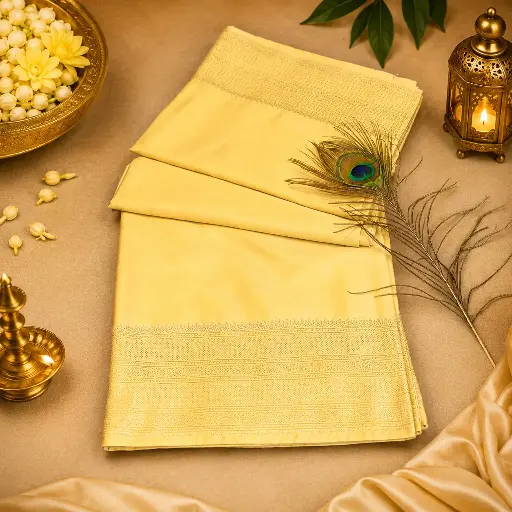 [82009001HT64C1] Light Yellow Silk Saree with Gold Woven Border & Peacock Feather Accent