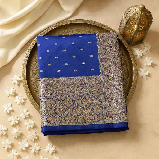 [82009001HT65D0] Royal Blue Silk Saree with Elaborate Paisely Zari Border