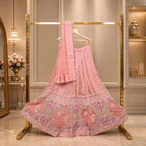 [64618001KB8390] Women's Pink Bridal Lehenga Choli with Heavy Embroidery, Net Dupatta
