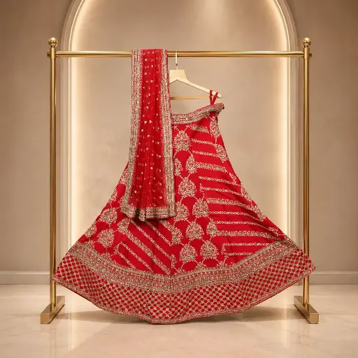 [64618001LT3784] Women's Red Bridal Lehenga Choli with Gold Embroidery and Matching Dupatta