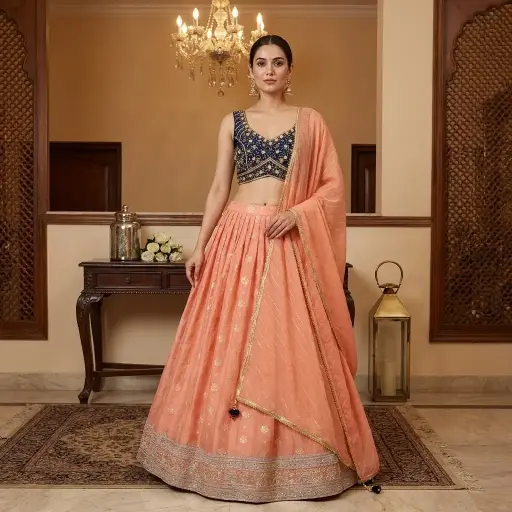 [00925002YT15B5] Navy Blue Embroidered Blouse with Peach Silk Lehenga Set