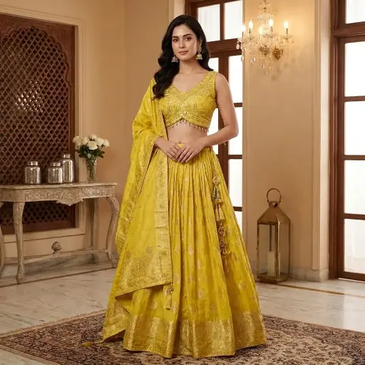 [00925003QK94C9] Radiant Yellow Hand-Embroidered Mirror Work Banarasi Silk Lehenga Set
