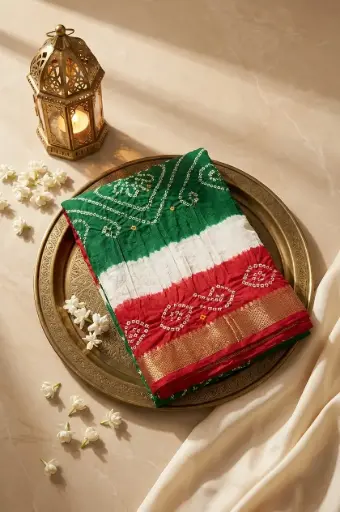 [59912001EF52E3] Tricolor Bandhani Silk Saree with Nakshi Zari Border