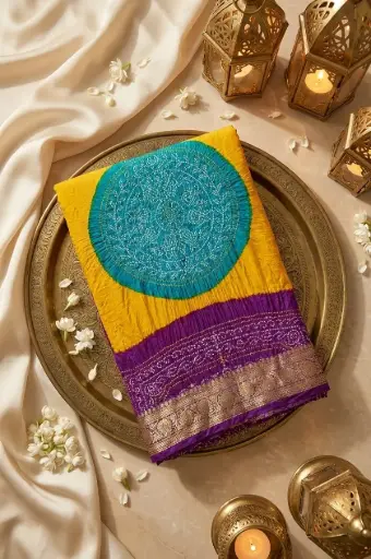 [59912001EF53E3] Dual-Tone Purple Yellow Bandhani Saree with Zari Border