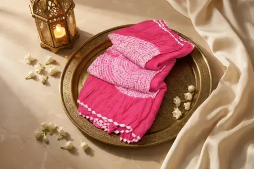 [59912001EL14E6] Pink Semi Gaji Silk Shibori Bandhani Saree with Zari Border