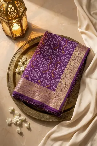 [59912001FI85D8] Royal Purple Pure Georgette Bandhani Saree with Banarasi Border