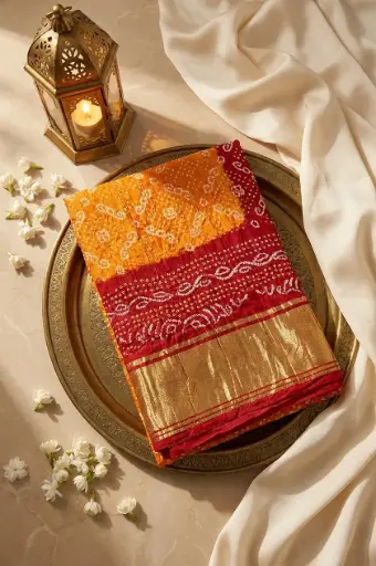 [59912001HK96B7] Red and Mustard Silk Bandhani Saree with Zari Border