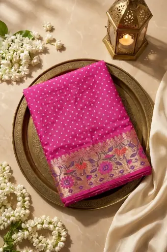 [59912001JD81A0] Magenta Pink Bandhani Pure Silk Saree With Kanjivaram Border