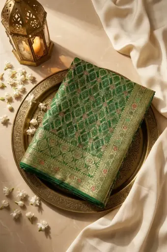 [59912025GU12D5] Bottle Green Banarasi Bandhani Georgette Silk Saree