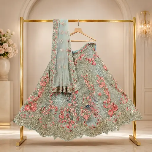 [71118002LN3197] Women's Ice Blue Lehenga Choli with Floral Peacock Embroidery and Net Dupatta