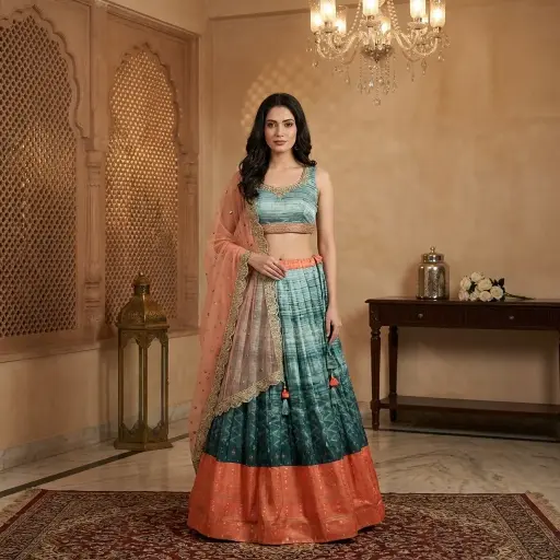 [76242025IH12A8] Sea Green n Coral Embroidered Silk Lehenga Choli Set