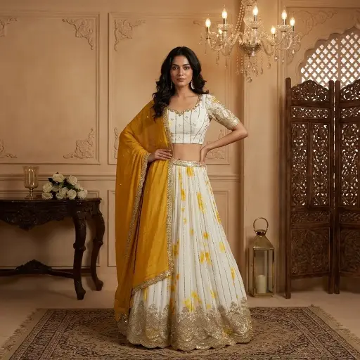 [76242037IL75A9] Ivory and Mustard Yellow Tie-Dye Embroidered Lehenga Choli Set