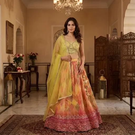 [76242037VP86B1] Lime Yellow Embellished Crop Top and Printed Organza Lehenga Set