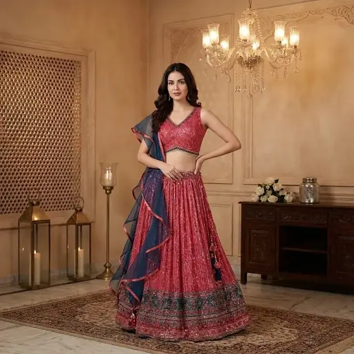 [76242066IF65A7] Gajri Pink Sequin Embroidered Lehenga Set With Ruffled Dupatta 