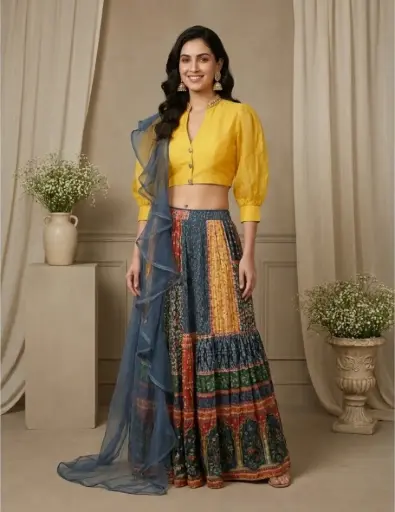 [76244037HM38B9] Yellow Puff-Sleeve Crop Top with Multi-Printed Pleated Skirt