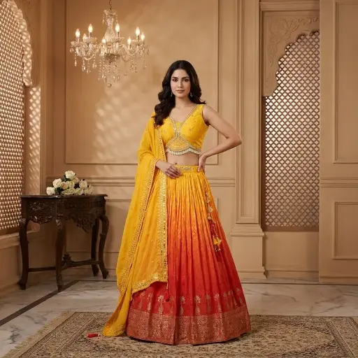 [76244046HM47B9] Yellow and Orange Ombre Silk Flared Lehenga Choli Set