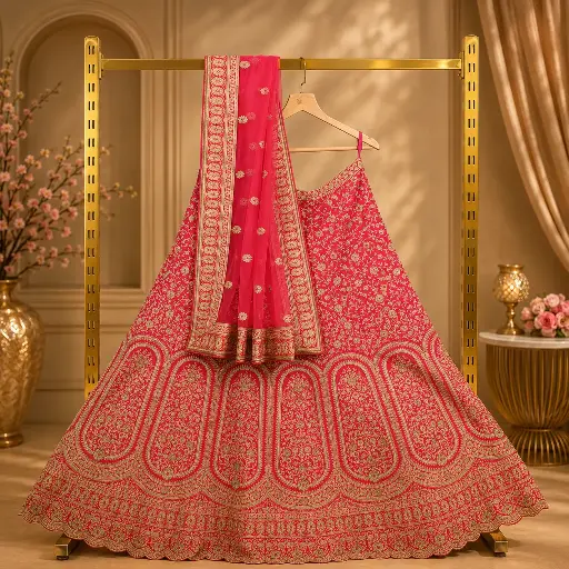 [41118001LF7574] Women's Pink Bridal Lehenga Choli with Gold Floral Embroidery and Net Dupatta