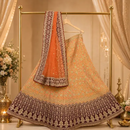 [41118001MQ1573] Women's Orange Lehenga Choli with Gold Embroidery and Maroon Border