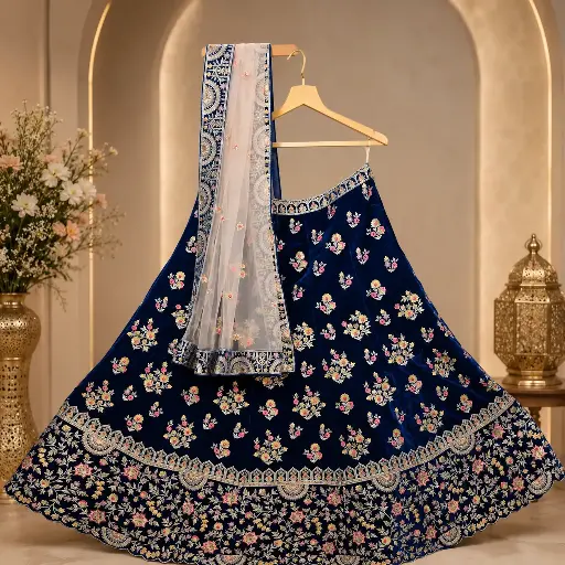 [41118001NB4896] Women's Navy Blue Velvet Floral Embroidery Lehenga Choli with Net Dupatta