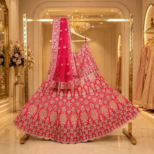 [41118001UQ0196] Women's Coral Pink Lehenga Choli with Floral Embroidery and Net Dupatta