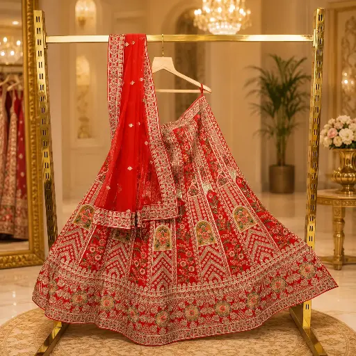 [41118001ZP0296] Women's Red Bridal Lehenga Choli with Floral Embroidery and Net Dupatta