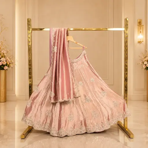 [94518031EG61E4] Women's Rose Gold Embroidered Lehenga Choli with Matching Dupatta