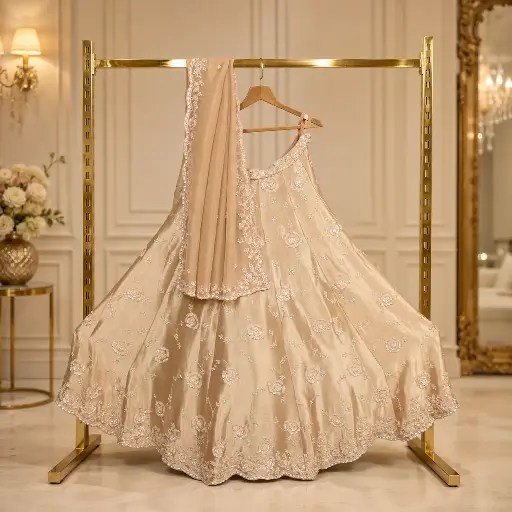 [94519001EF67E3] Women's Champagne Beige Bridal Lehenga Choli with Floral Embroidery and Matching Dupatta