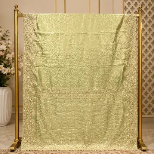 [94513001EF81E3] Elegant Sage Green Embroidered Saree with Pearl Work and Ornate Border