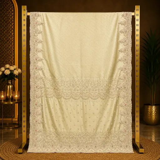 [94513001EF85E3] Elegant Women's Ivory Saree with Pearl Beadwork, Sequin Embroidery and Ornate Scalloped Border