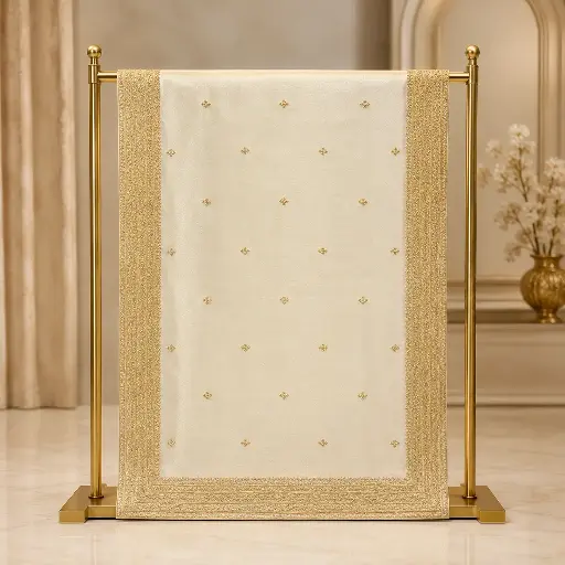 [94513001EF97E3] Women's Ivory Saree with Golden Buti Embroidery and Broad Ornate Border