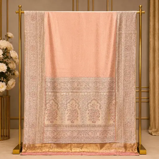 [84209008FU99E1] Elegant Peach Pink Saree with Floral Woven Border and Ornate Pallu