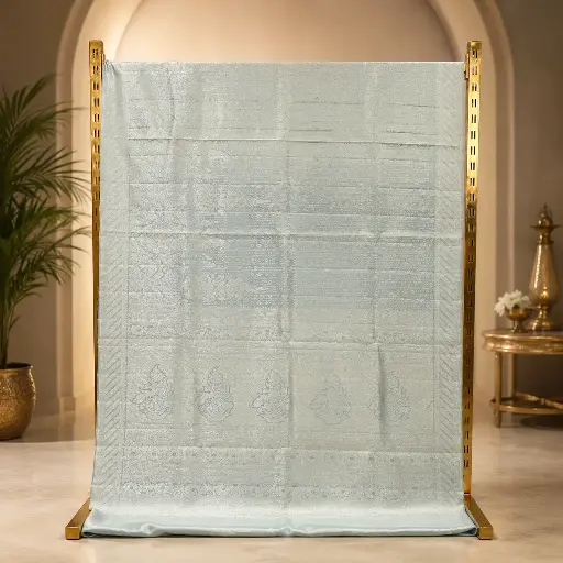 [84209008FV05E1] Elegant Ice Blue Woven Saree with Silver Floral Pallu