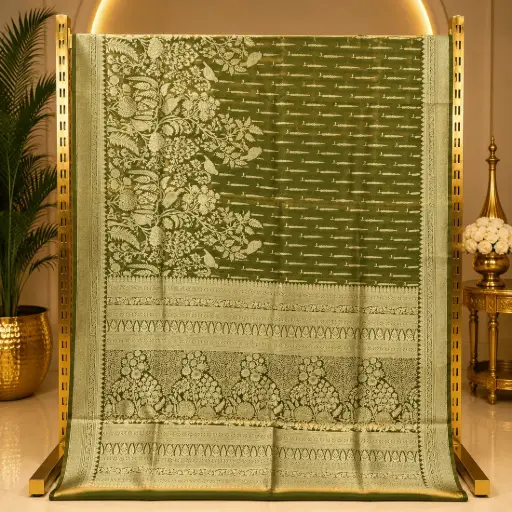 [84209008FV06E1] Olive Green Woven Saree with Golden Floral Bird Motifs and Ornate Pallu