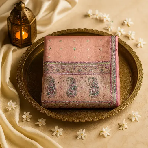 [84210031IP78D2] Elegant Pink Tissue Silk Saree with Traditional Paisley Zari Border