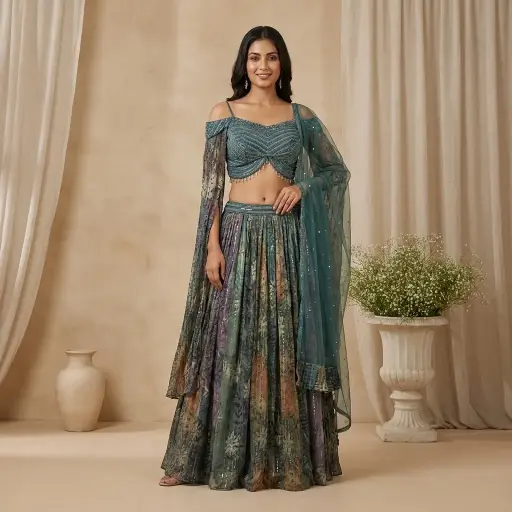 [82125002RQ16C2] Teal Blue Embroidered Crop Top with Multi-Printed Flared Skirt