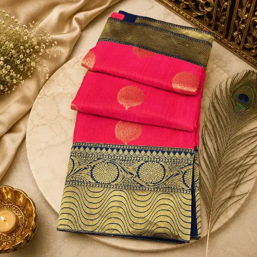 [02617001QA6647] Women's Hot Pink Silk Blend Saree with Navy Blue & Gold Zari Border