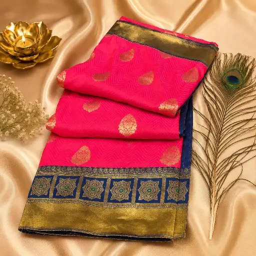 [02617001QA8547] Women's Hot Pink Silk Blend Saree with Royal Blue Zari Border