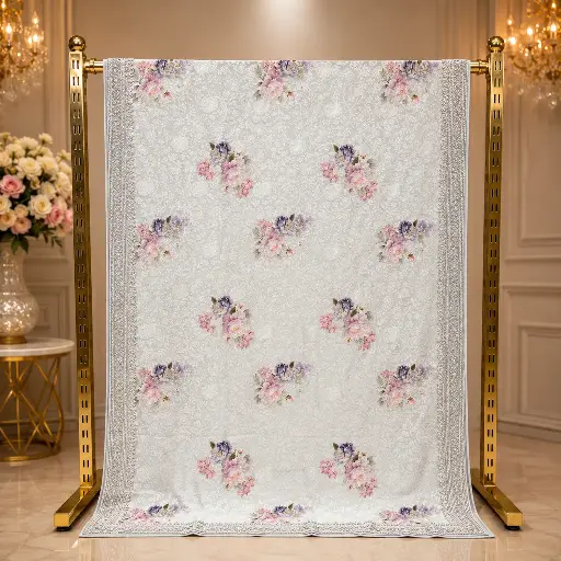 [87517001GP78D1] White Floral Printed Saree with Pink Blossom Motifs and Elegant Design