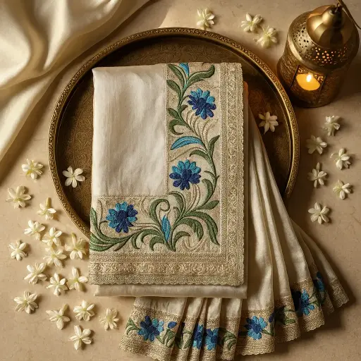 [87517017GQ35D1] Elegant White Silk Designer Saree with Floral Embroidered Border