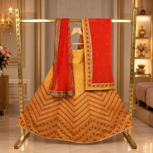 [16518001LQ1483] Women's Yellow Lehenga Choli with Chevron Embroidery and Orange Net Dupatta