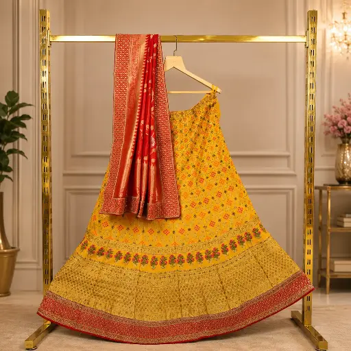 [16518001LQ3683] Women's Yellow Lehenga Choli with Floral Embroidery and Red Woven Dupatta