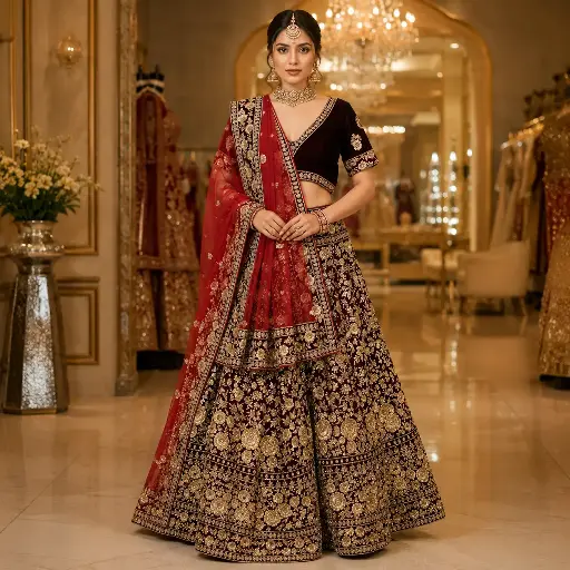 [16518001OD6656] Women's Maroon Gold Embroidered Lehenga Choli with Red Net Dupatta