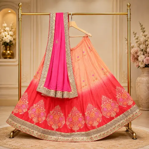 [16518001OD7556] Women's Peach Coral Ombre Lehenga Choli with Gold Embroidery and Pink Dupatta