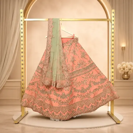 [16518001OI5557] Women's Peach Lehenga Choli with Heavy Silver Embroidery & Sage Green Dupatta