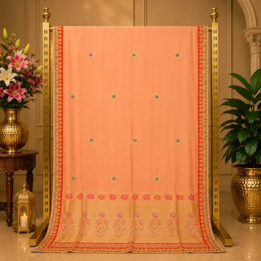 [16517001OD8756] Women's Peach Saree with Golden Butis, Red Embroidered Border and Floral Pallu