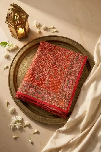 [62612001HZ45C3] Red Pure Silk Bandhani Saree with Meenakari Zari Border