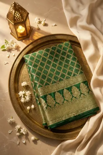 [62612001LC8697] Bottle Green Banarasi Bandhani Georgette Saree in Gold Zari