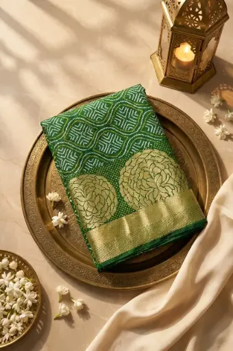 [62612008IL44A9] Emerald Green Bandhani Georgette Saree with Zari Weave