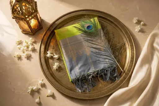 [84609001GG58C9] Lime Green and Slate Grey Pure Silk Zari Saree